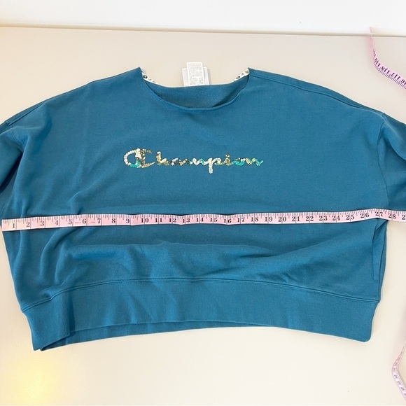 NEW Champion size XL French Terry Sweatshirt Blue Floral Logo Cropped Relaxed - Picture 9 of 11